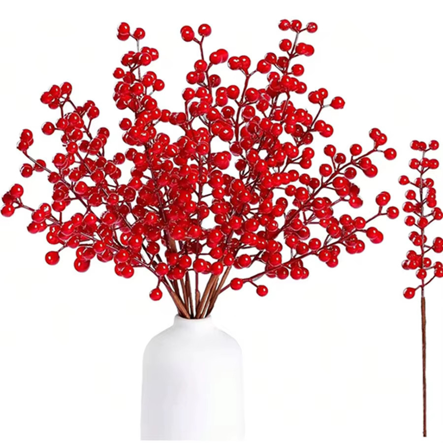 ZQCY Künstliche Holly Pflanze mit roten Früchten für Weihnachts- und Neujahrsdekoration sowie Hochzeiten in Rot und Grün - Bild 3
