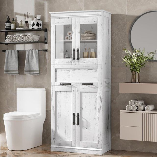 HiMISS 4-türiger Badezimmerschrank in Weiß mit Glastüren und Schubladen, MDF-Konstruktion, Höhe: 170 cm - Bild 1