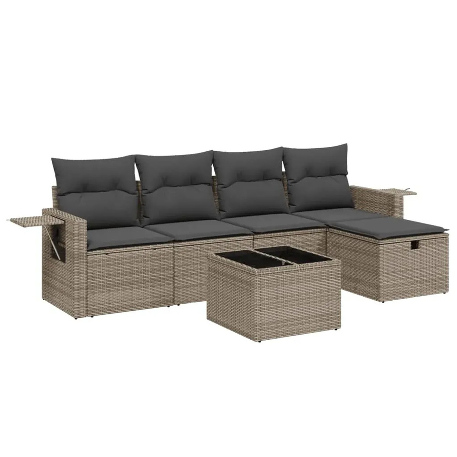 vidaXL 6-teilige Garten-Sofagarnitur in L-Form mit Polsterkissen und Couchtisch, Grau, Poly Rattan und Metallrahmen - Bild 2