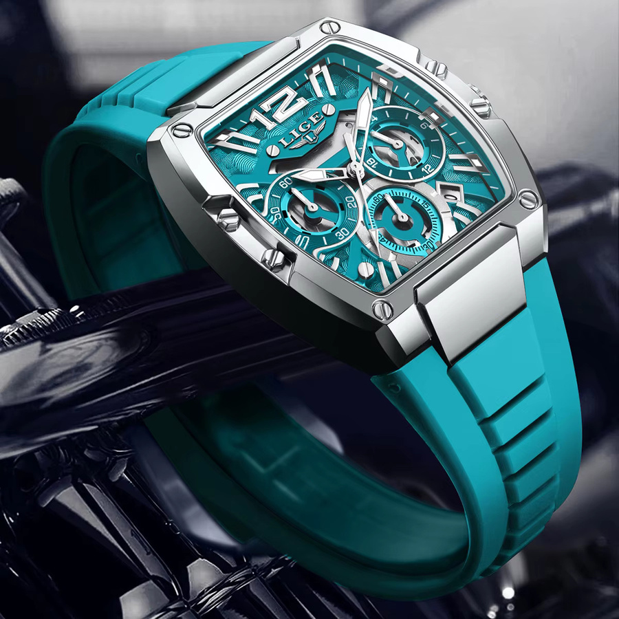 LIGE Chronograph Armbanduhr, Tonneau, Quarz, Silikon, Schwarz, Herren - Bild 2