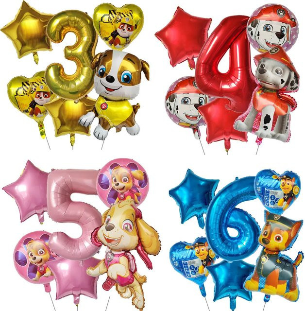 6er Set Paw Patrol Herz-Ballons aus Aluminium mit Chase und Skye für Kindergeburtstag und Party Dekoration in Pink und Multicolour - Bild 1