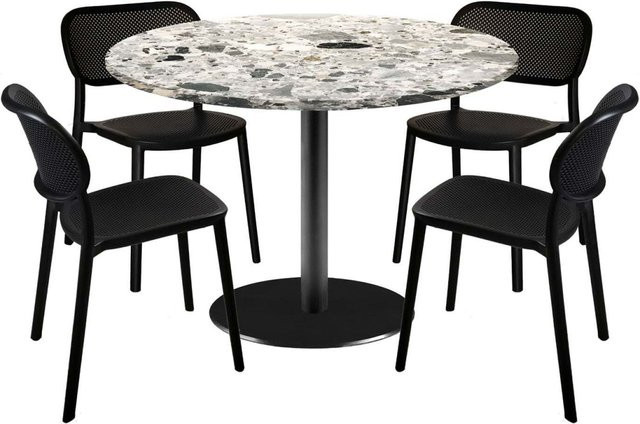 RestooTab Esstisch-Set Rome XL mit 4 Stühlen, runder Esstisch in Grau/Terrazzo mit schwarzem Gestell, Durchmesser: 120 cm, Höhe: 75 cm - Bild 1