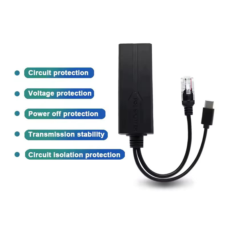 SHOYEE PoE-Splitter 48 V auf 5 V mit Micro-USB und USB-C, Gigabit 1000 Mbit/s PoE-Kamera-Injektor-Netzteil in Schwarz - Bild 2
