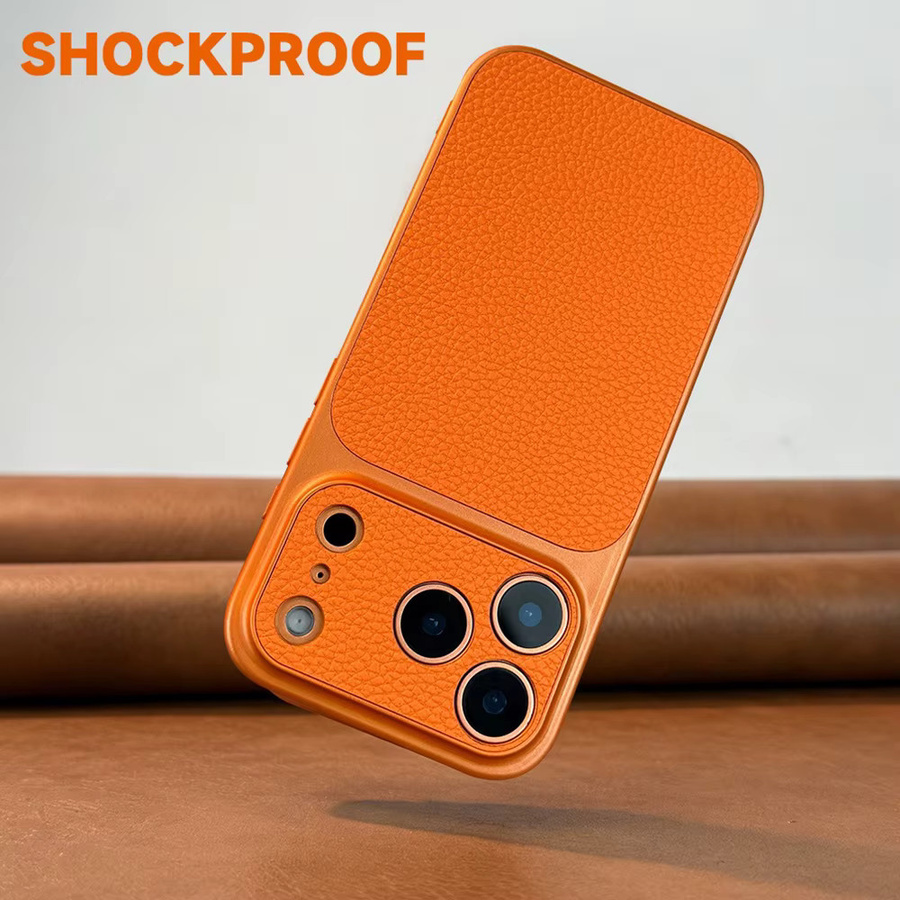 Stoßfeste Handyhülle mit Lichee-Muster für Apple iPhone 17 16 15 14 13 12 11 Pro Max in Grau und Orange - Bild 2
