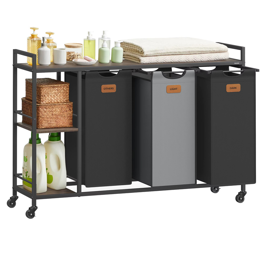 VASAGLE Wäschekorb mit 3 Fächern und Rollen, Wäschesammler 150 L mit abnehmbaren Taschen und Ablagen, Farben: Braun, Schwarz, Grau - Bild 4