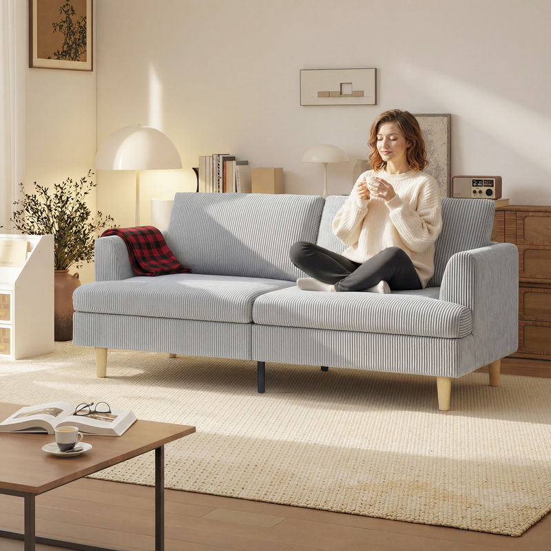 HOMCOM 3-Sitzer-Sofa mit Kord-Optik und Federkern, gepolstertes Loungesofa für Wohnzimmer und Schlafzimmer, Hellgrau, B/T/H: 188 x 80 x 86 cm - Bild 2