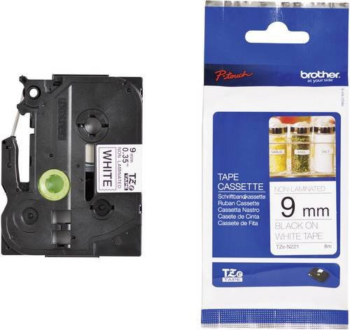Brother TZe-N221 Schriftbandkassette unlaminiert für P-touch, Breite: 9 mm, Länge: 8 m, Farbe: Weiß, Schriftfarbe: Schwarz - Bild 1