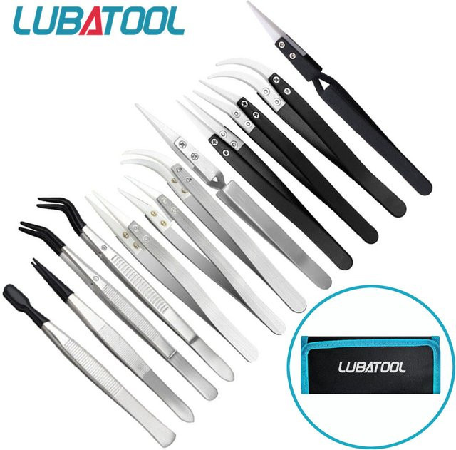 LUBATOOL 10-teiliges ESD Präzisions-Pinzetten-Set aus Edelstahl mit Tasche, antistatisch für Elektronik und Industrie - Bild 1