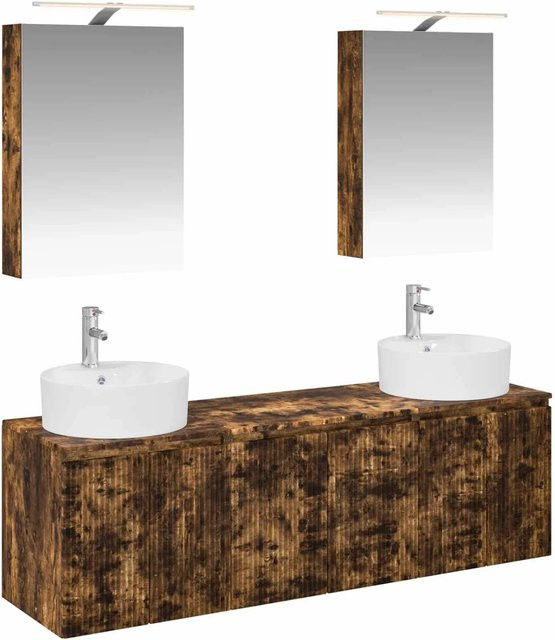 vidaXL Badezimmerschrank-Set 5-teilig aus Holzwerkstoff in Eiche Braun mit LED-Spiegelschrank und Waschtischunterschrank modern, B/T/H: 70,0 x 51,86 x 44,5 cm - Bild 1
