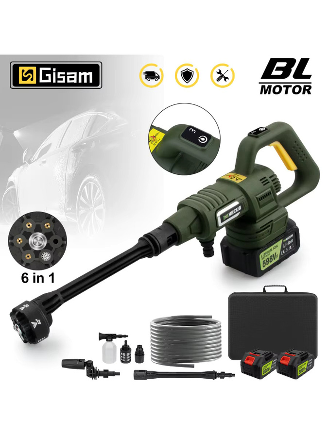 Gisam 6-in-1 Bürstenloser Elektrischer Hochdruck-Autowäscher mit 200 Bar, Kabellose Wasserpistole für Makita LXT 18V Akku, Grün - Bild 7