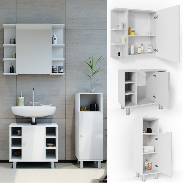 Vicco Badmöbel Set FYNN 3-teilig Weiß Hochglanz mit Spiegel, Unterschrank und Beistellschrank - Bild 1