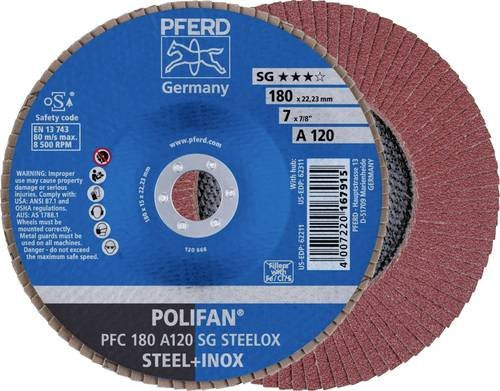PFERD POLIFAN SG STEELOX Fächerschleifscheibe für Stahl und Edelstahl, Durchmesser: 180 mm, Bohrungs-Ø: 22,23 mm, Körnung: 120 - Bild 1