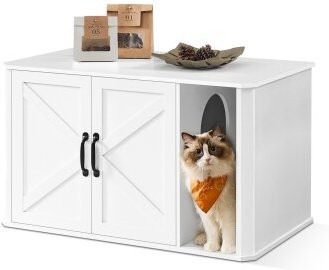 Feandrea Katzenhaus und Katzenklo-Schrank mit Vordereingang und Doppeltür, Weiß/Beige, B: 50,0 cm, T: 48,5 cm, H: 48,5 cm - Bild 1