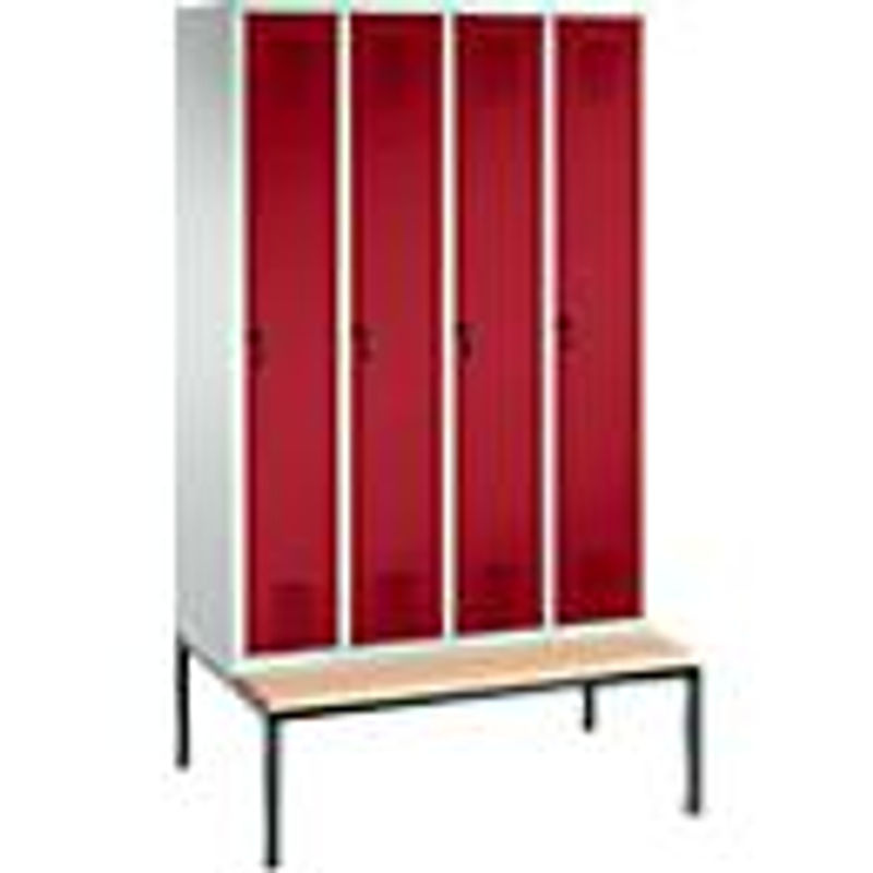 C + P Garderobenspind Evolo S 3000 aus Stahl mit integrierter Sitzbank, 4 Abteile mit je 300 mm Breite und Sicherheitsdrehriegelverschluss, Lichtgrau RAL 7035 und Rubinrot RAL 3003 - Bild 2