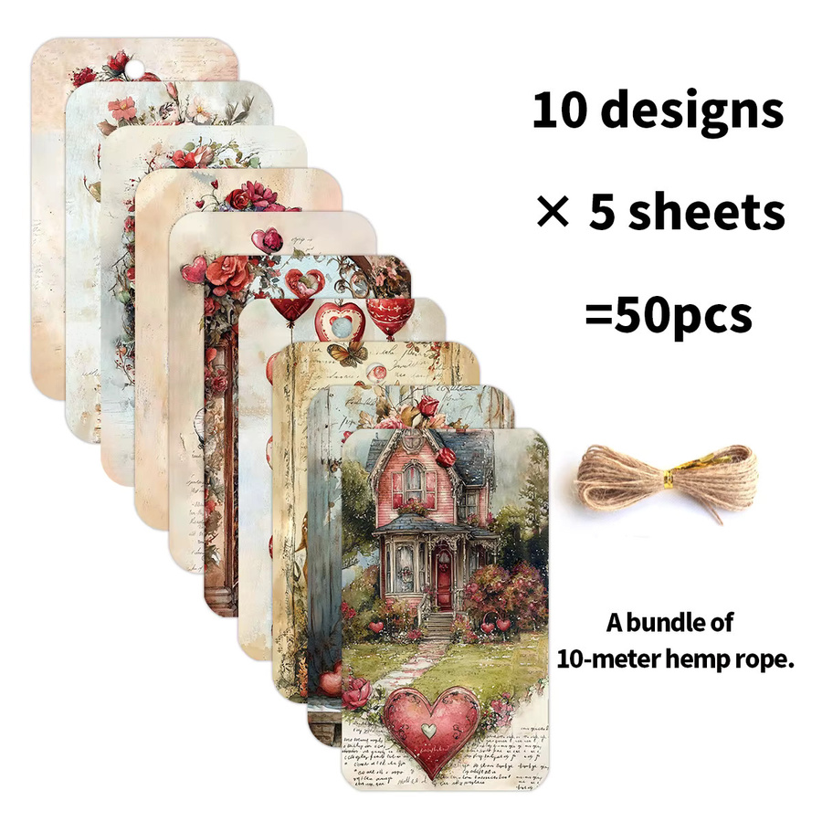 50 Stück Vintage-Gedenkanhänger aus Papier mit Hanfseil und floralem Design in Mehrfarbig - Bild 4