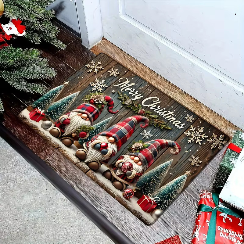 VIKAMA Weihnachtszwerg und Schneeflocken Eingangstürmatte, rutschfester dekorativer Teppich für die Weihnachtsdekoration - Bild 3