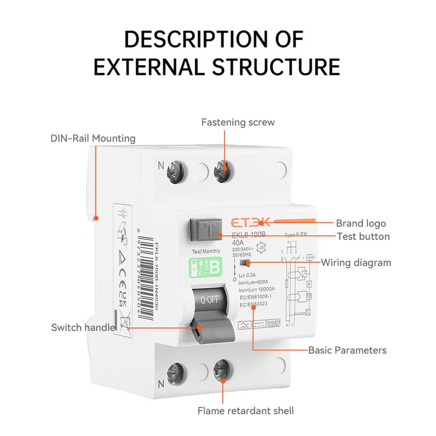 ETEK Typ B FI-Schutzschalter RCD EKL6 für DIN-Schiene, 2P 4P, 40A 63A 100A, 30mA 300mA, Farbe: Weiß - Bild 1