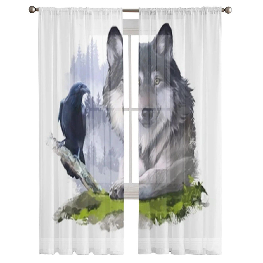 Yiran Furniture Transparente Voile-Tüll-Vorhänge mit Wolf und Rabe Motiv, Breite: 135 cm, Höhe: 114 cm - Bild 2