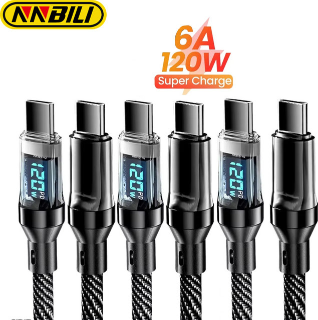 NNBILI USB-C Ladekabel mit LED-Anzeige, 120W Superschnelles Datenkabel, USB-C zu USB-C und USB-A zu USB-C, Schwarz - Bild 1