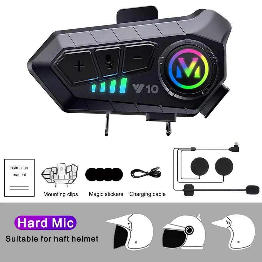 Kebidumei Y10 Motorradhelm-Headset mit Bluetooth 5.3, Stereo-Sprachsteuerung, Freisprechfunktion, IPX6 wasserdicht und Umgebungslicht in Schwarz - Bild 5