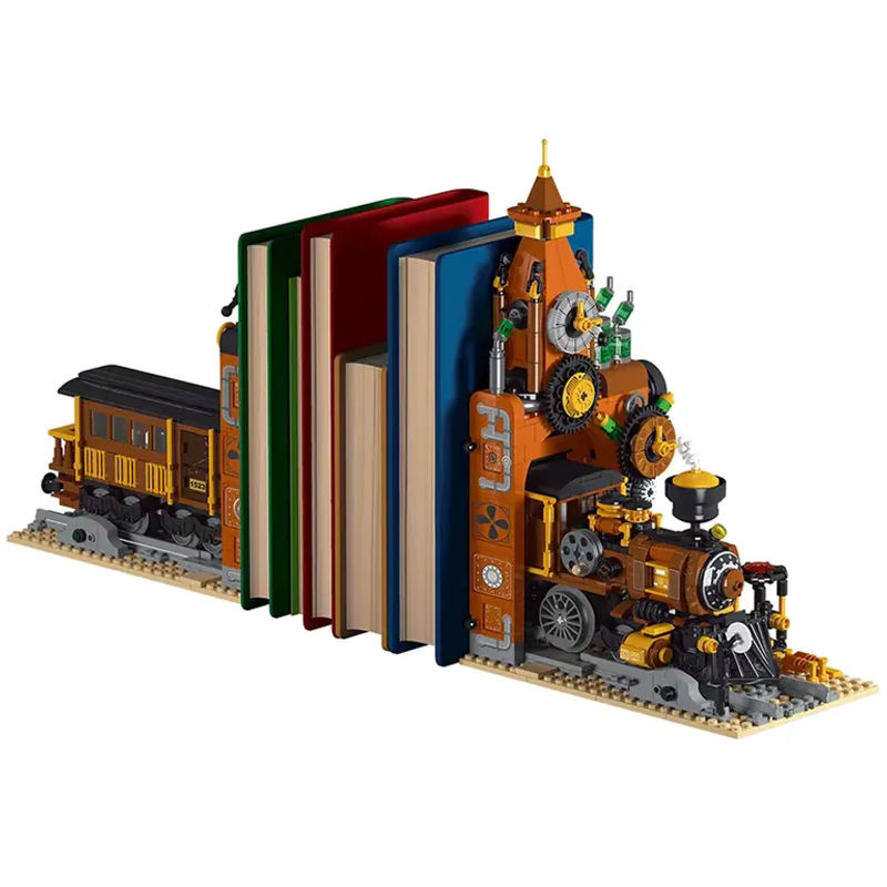 Steampunk Zug Buchstütze Modell mit Licht aus 1252 Bausteinen, pädagogisches MOC Spielzeug für Kinder in Orange - Bild 6