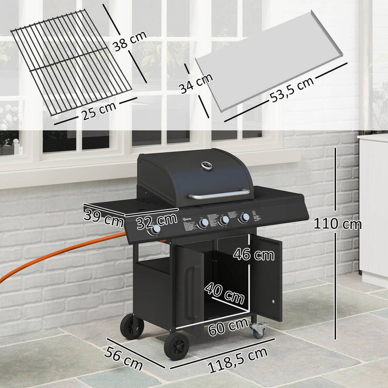 Outsunny Gasgrill aus Edelstahl mit 3+1 Brennern, Seitenbrenner, Thermometer und Kochfeld, B/T/H: 118,5 x 56 x 110 cm - Bild 3