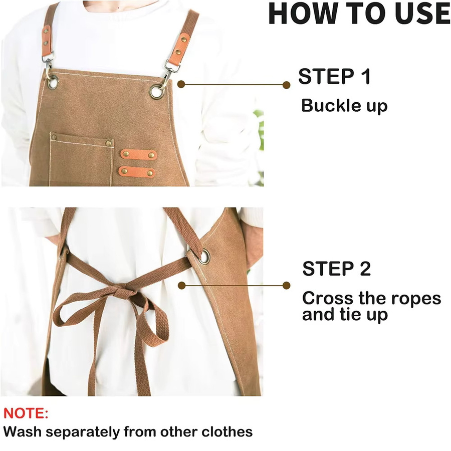 LMETJMA Kochschürze aus Baumwoll-Segeltuch mit Kreuzrücken und großen Taschen für Damen und Herren in Weiß und Braun - Bild 4