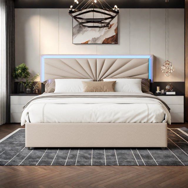 Superaly Polsterbett aus Leinen mit LED-Beleuchtung und 4 Schubladen in Beige, B/T: 160 x 200 cm - Bild 1