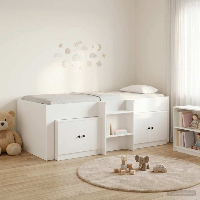 Hochbett Yiwydaa für Erwachsene in Weiß mit Schrank und Seitenfächern aus MDF - Bild 1