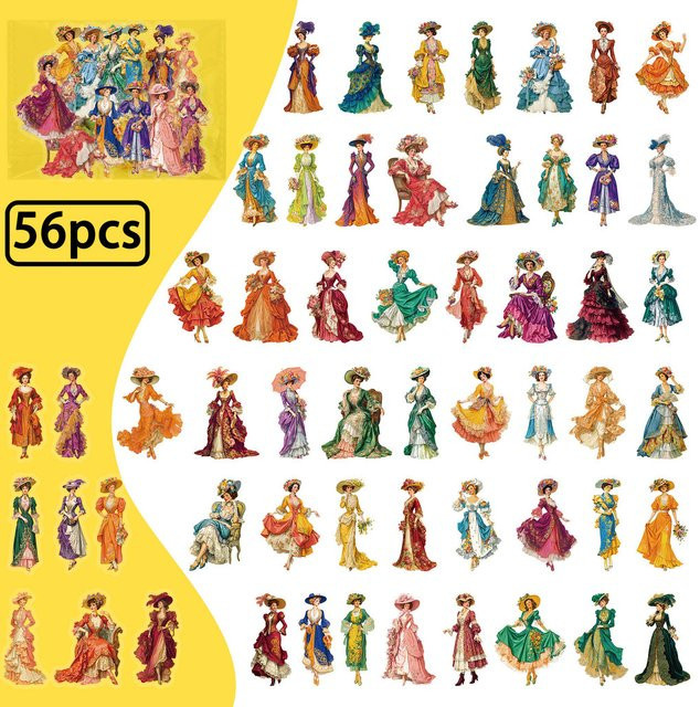 56 Stück Viktorianische Damen Kleider-Sticker von BulingBulingStickers Store, transparente PET-Aufkleber für DIY-Dekoration und Handwerk, Multicolour - Bild 1