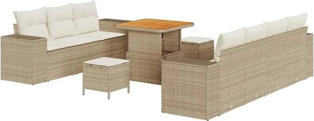 vidaXL Garten-Sofa-Set 10-teilig in Beige aus Poly Rattan und Stahl mit Polsterkissen und Tisch - Bild 1