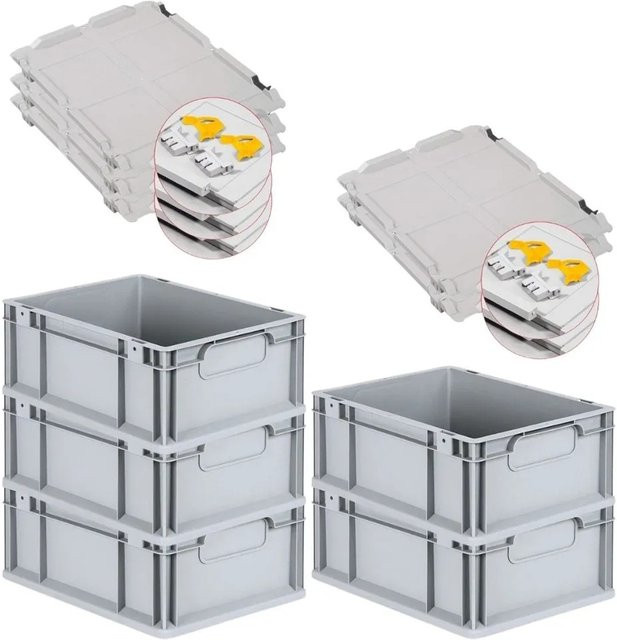 PROREGAL Spar Set 5x Eurobox Nextgen Economy mit Scharnierdeckel und gelben Schiebeschnappverschlüssen, Grau, H x B x T: 17 x 30 x 40 cm, 16 Liter - Bild 1