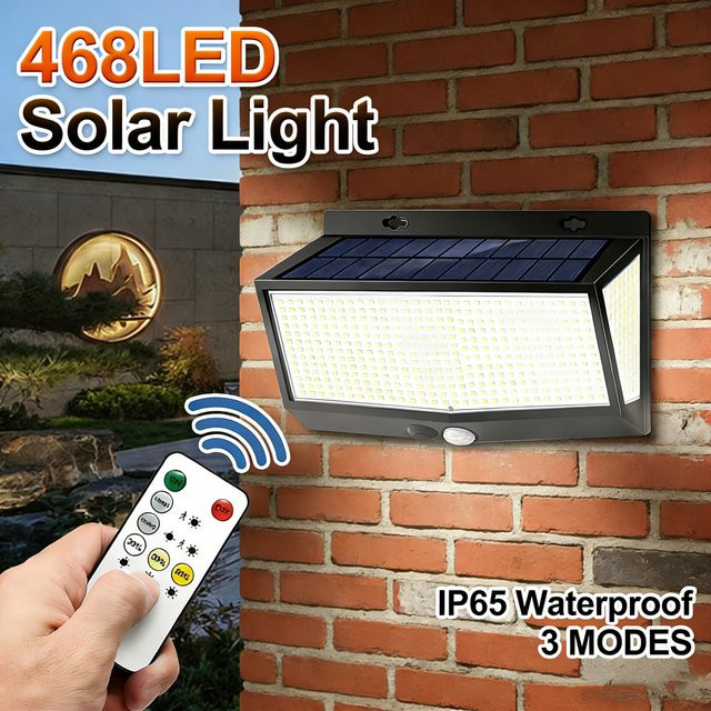 KDULIT Solar-LED-Wandleuchten mit Bewegungssensor und Fernbedienung, IP65 wasserdicht, Schwarz, 468 LEDs für Garten, Terrasse und Außenbereich - Bild 1