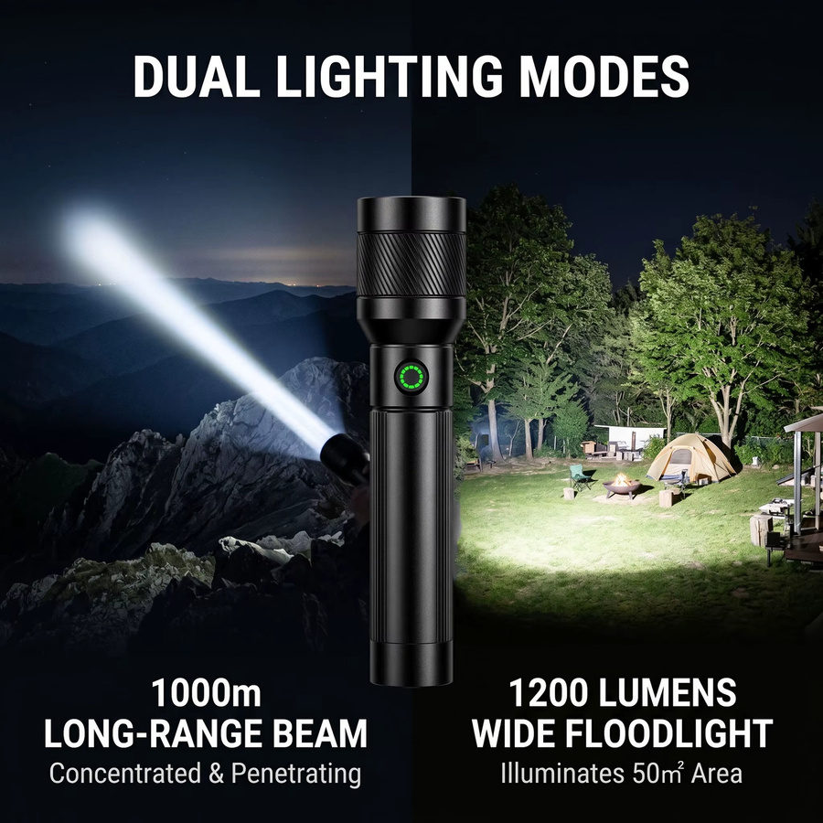 Heinast LED Taschenlampe mit Zoom, 1200 Lumen, IPX6 wasserdicht, Schwarz - Bild 2