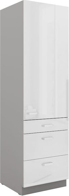 Küchen Hochschrank Bianca Weiß Hochglanz und Grau mit 3 Schubkästen und einer Tür, Breite: 60 cm - Bild 1