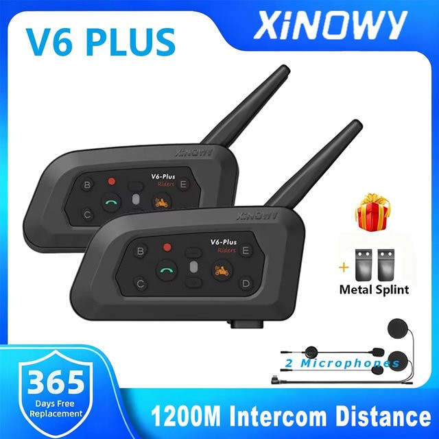 XINOWY V6 Plus Motorradhelm Bluetooth-Headset Intercom für 6 Fahrer, 1200m Reichweite, IP65 wasserdicht, Schwarz - Bild 1