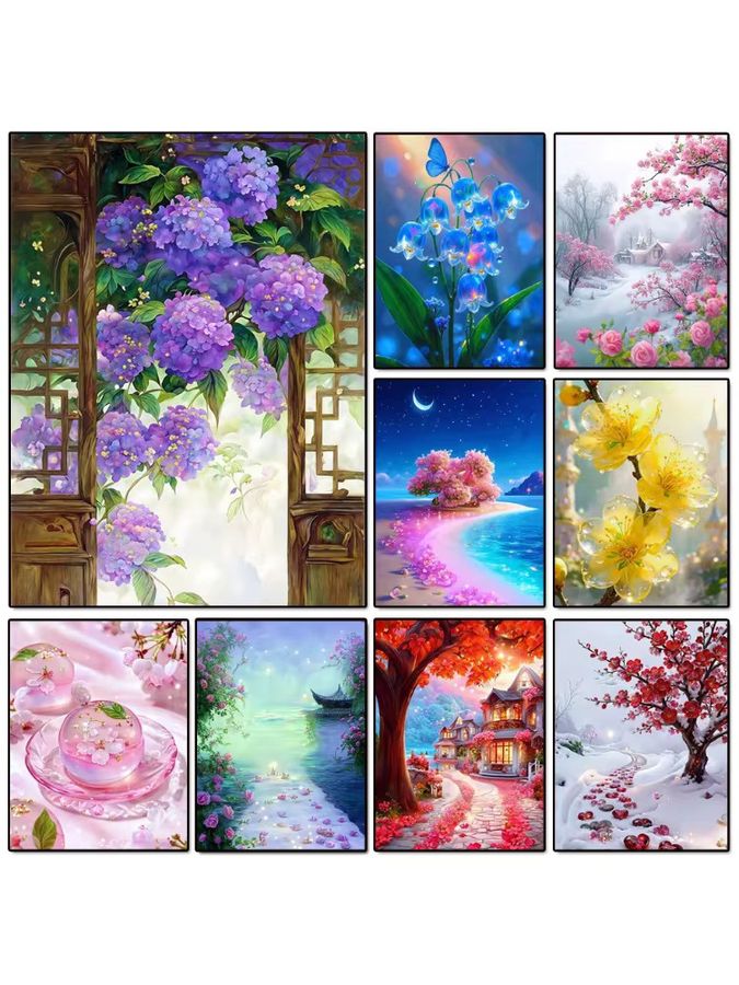 NUOYING 5D Diamantmalerei DIY Bastelset mit floraler Fantasie-Landschaft und Blumen als Mosaik-Stickerei in Full Round Ausführung - Bild 2