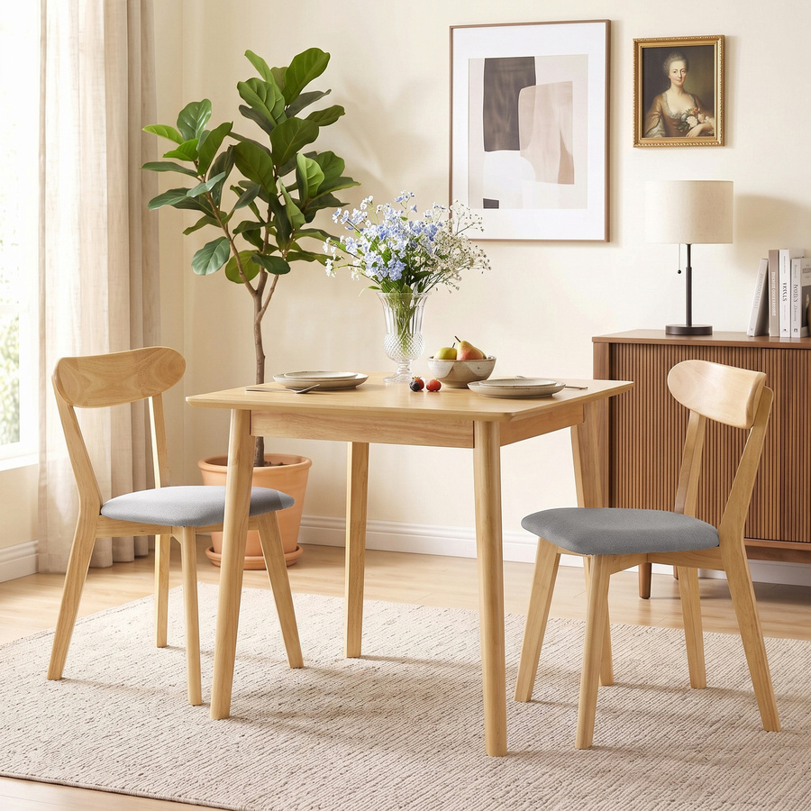 HOMCOM 2er-Set Esszimmerstühle im Mid-Century-Stil mit gepolsterter Sitzfläche in Leinenoptik und Hevea-Holzbeinen, Grau und Naturholz - Bild 2
