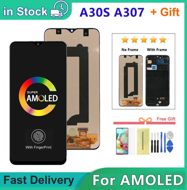 Samsung A30S SM-A307FN/DS Ersatzdisplay mit 6,4 Zoll AMOLED-Touchscreen und Rahmen in Schwarz - Bild 1