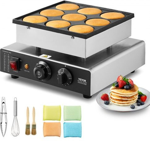 VEVOR Mini-Pfannkuchenmaker kommerzieller Dutch Pancake Maker mit 9 Lochungen, 850 W, Silber, Edelstahl, mit Temperatur- und Zeitregelung - Bild 1