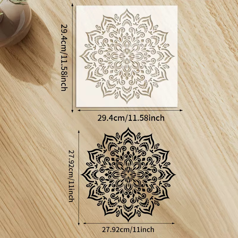 YOMDID PET-Schablone mit rundem Mandala-Blumenmuster, transparent, wiederverwendbar für DIY-Kunsthandwerk und Airbrush, Durchmesser: 29,4 cm - Bild 4