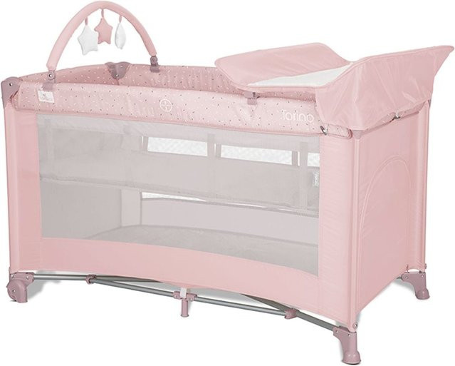 Lorelli Reisebett Torino in Pink mit 2 Ebenen Wickelauflage, Spielbogen und Rädern, faltbar - Bild 1