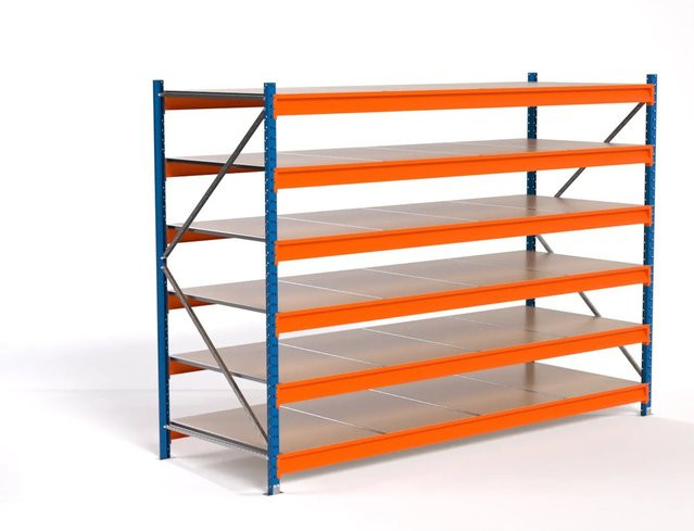 PROREGAL Industrie Weitspannregal MAXIMUS PRO Lagerregal mit 6 Spanplatten-Fachböden, Blau/Orange, H x B x T: 200 x 275 x 100 cm - Bild 1