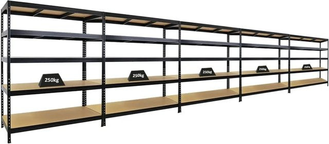 PROREGAL 5er-Sparset Schwerlastregal Rivet Schwarz, H x B x T: 180 x 150 x 60 cm, Fachlast 250 kg, mit verstellbaren Regalböden aus MDF-Holz und Stahl - Bild 1