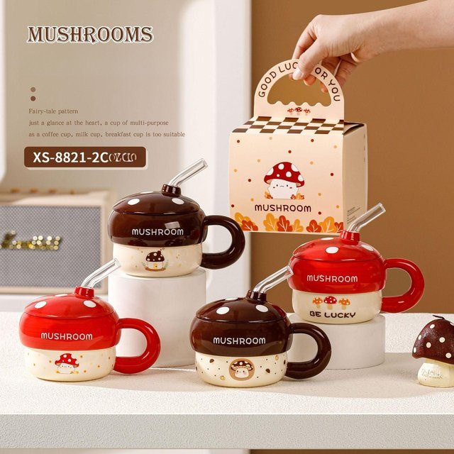 Keramischer Strohbecher mit Cartoon-Pilz-Design für kreative Geschenke, 430 ml - Bild 1