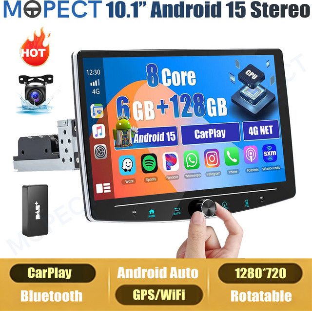 MOPECT 10 Zoll Android 15 Autoradio mit 6+128GB Speicher, 1 DIN Universal Radio mit 360 Grad drehbarem Display, kabellosem Carplay, Android Auto, GPS, Bluetooth, Wifi und Lenkradsteuerung, Schwarz - Bild 1