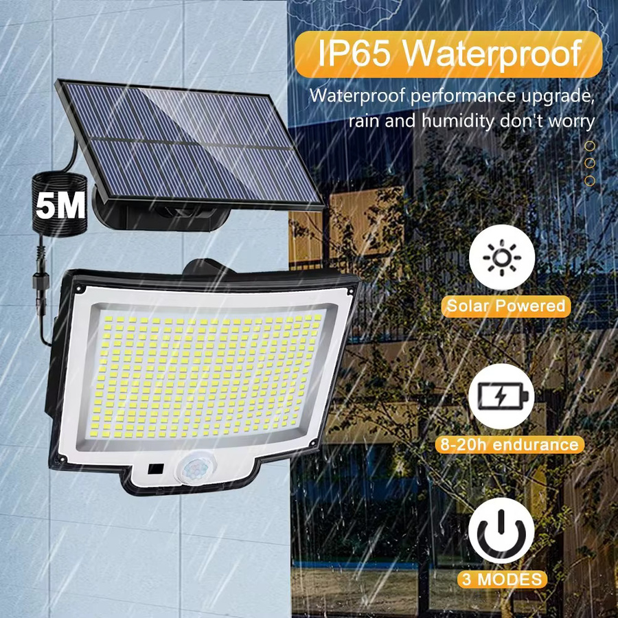 Solar-Außenleuchten mit 318 LED und Fernbedienung, IP65 wasserdichte Solar-Sicherheitsleuchten mit Bewegungssensor und 3 Beleuchtungsmodi, weiß - Bild 2