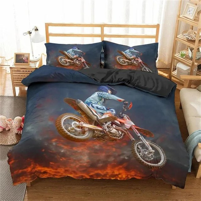 Motocross Bettwäsche-Set aus Mikrofaser mit 3D-Rennsport-Design für Jugendliche, Binchi Outdoor Product, Mehrfarbig, B/H: 228 x 228 cm - Bild 1