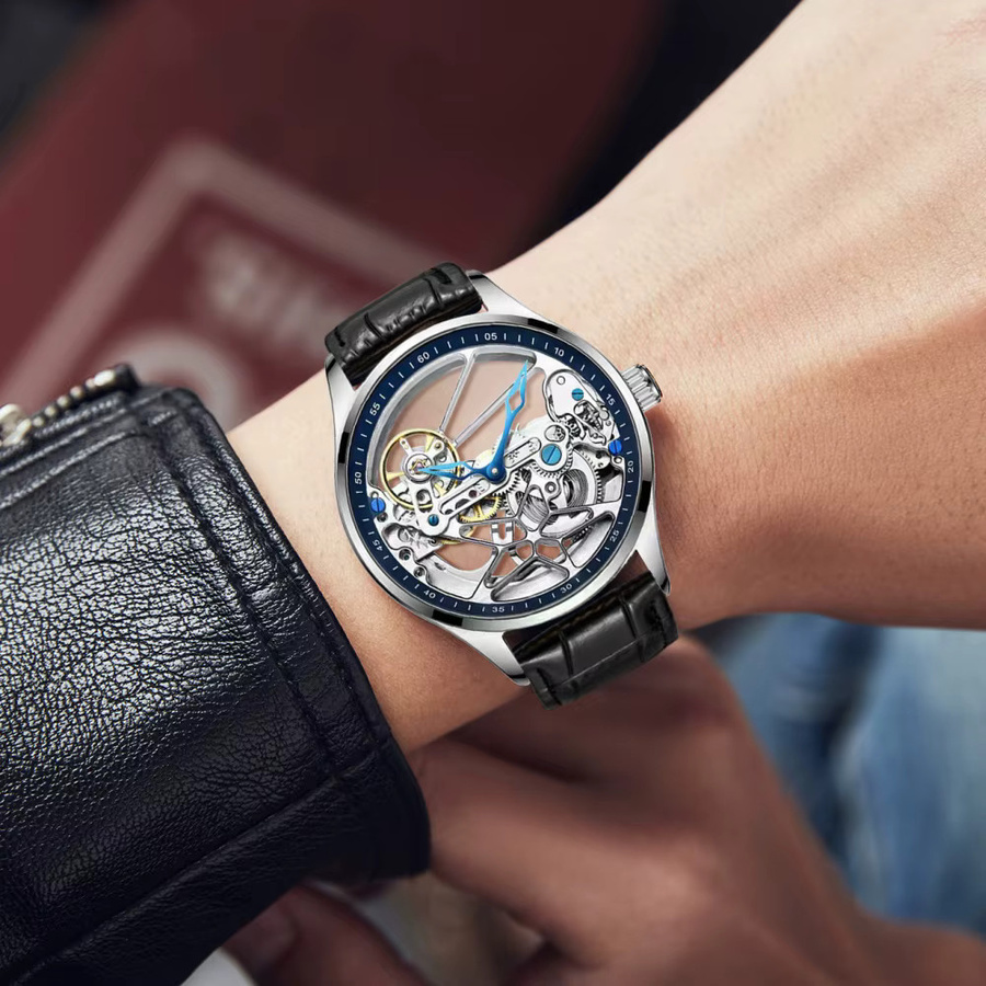 LUOLINGONGJUE Armbanduhr Automatik, Edelstahl, Leder, Schwarz, Herren - Bild 3