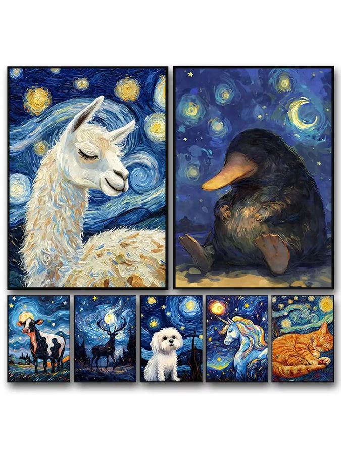Potdemiel Leinwand Wandkunst Sternennacht Poster mit Katze Hund Axolotl und Schnabeltier im Impressionismus Stil - Bild 2